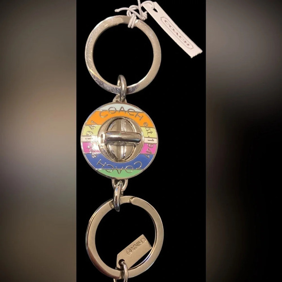 COACH Rainbow-Striped Turn Lock Keychain Purse Charm Double Ring PRIDE NWT - Picture 7 of 8